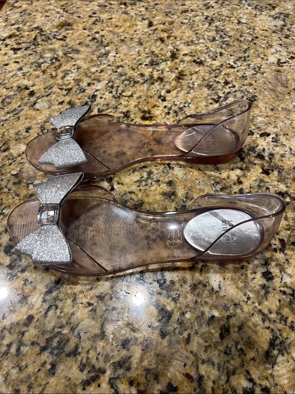 Stuart Weitzman Clear Jelly Sandals with Silver Glitter Bow